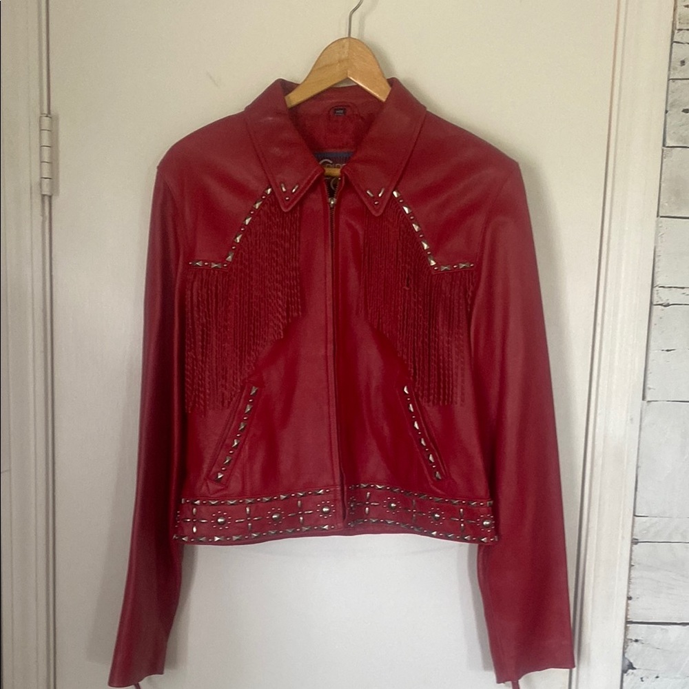 Red Leather Motorcycle Jacket with Studded Details